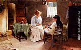 Interior Canvas Paintings - Two Girls In An Interior Winding A Skein Of Wool
